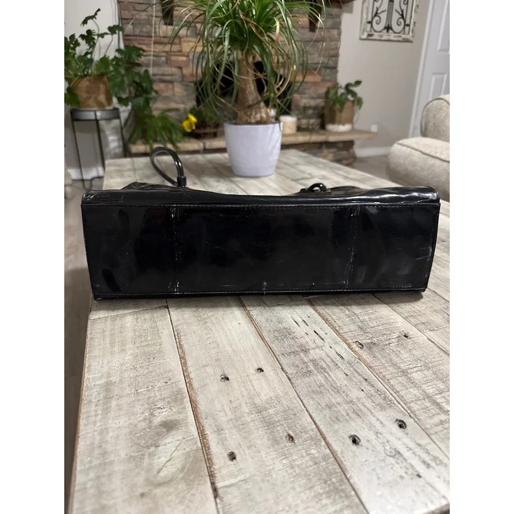 Sag Harbor Black Patent Faux Leather Tote Bag Shoulder Purse Silver Hardware